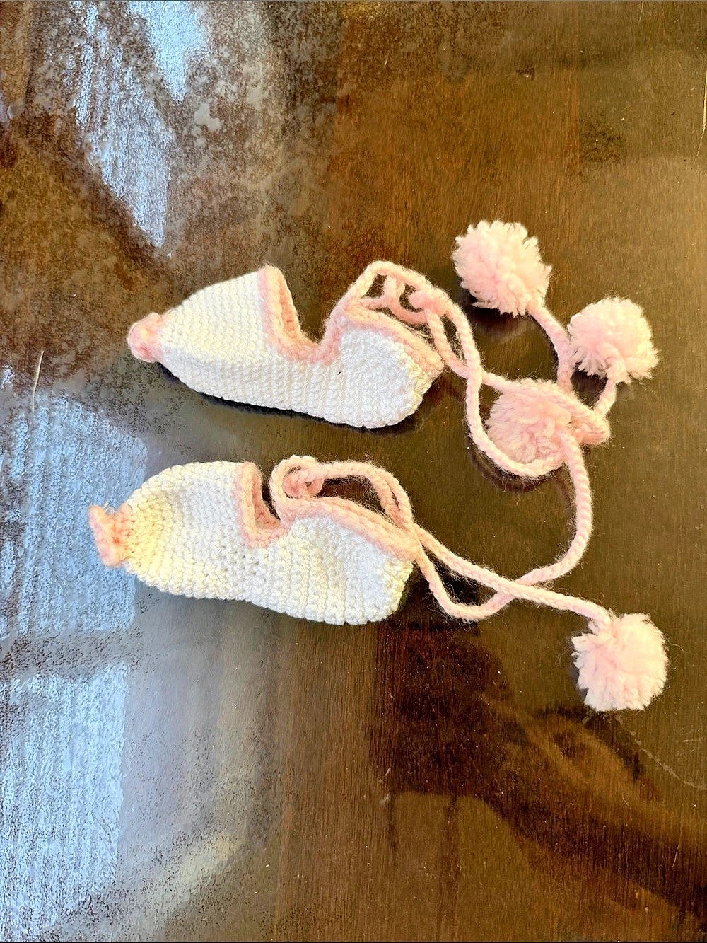 Handmade Baby Knit Booties White & Pink Like New